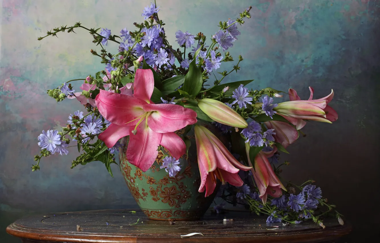 Photo wallpaper flowers, Lily, vase, table, chicory, Andrey Morozov