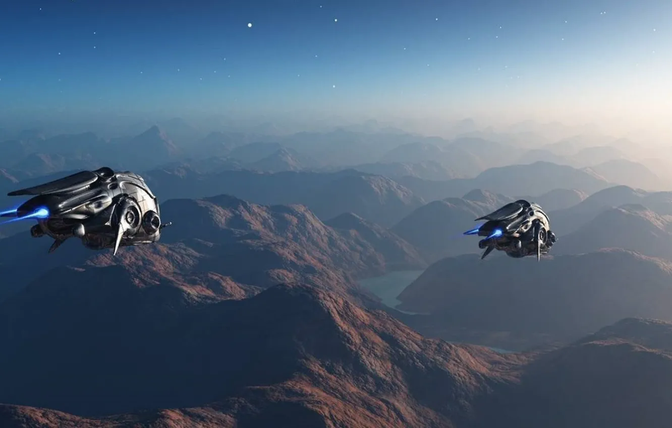 Photo wallpaper sky, flight, mountains, stars, lakes, planet, spasceships, area 7