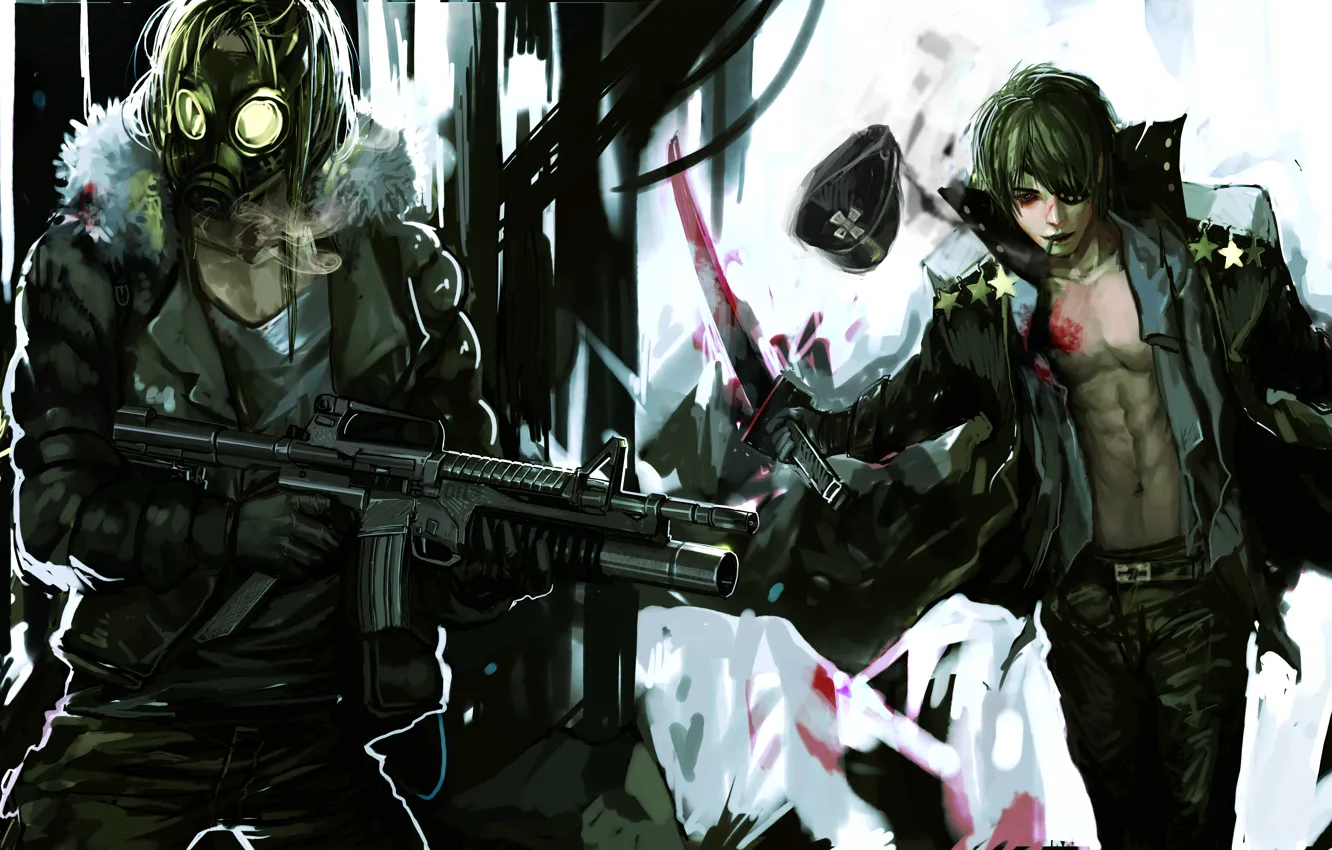 Photo wallpaper weapons, blood, katana, anime, art, cigarette, gas mask, headband