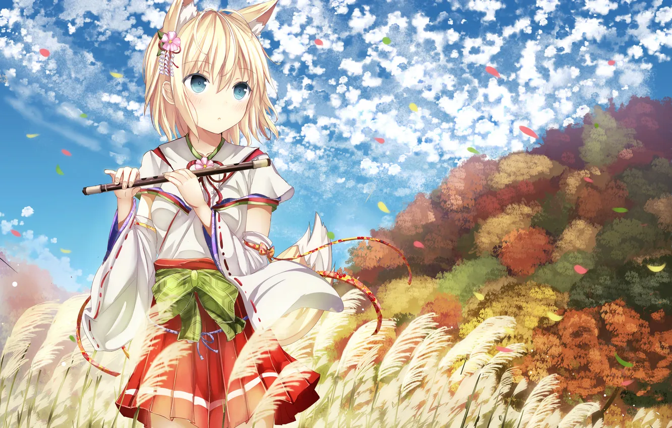 Photo wallpaper field, girl, tail, neko, flute, ears, art, morerin