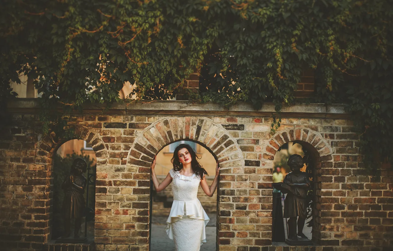 Photo wallpaper girl, trees, dress, arch, the bride