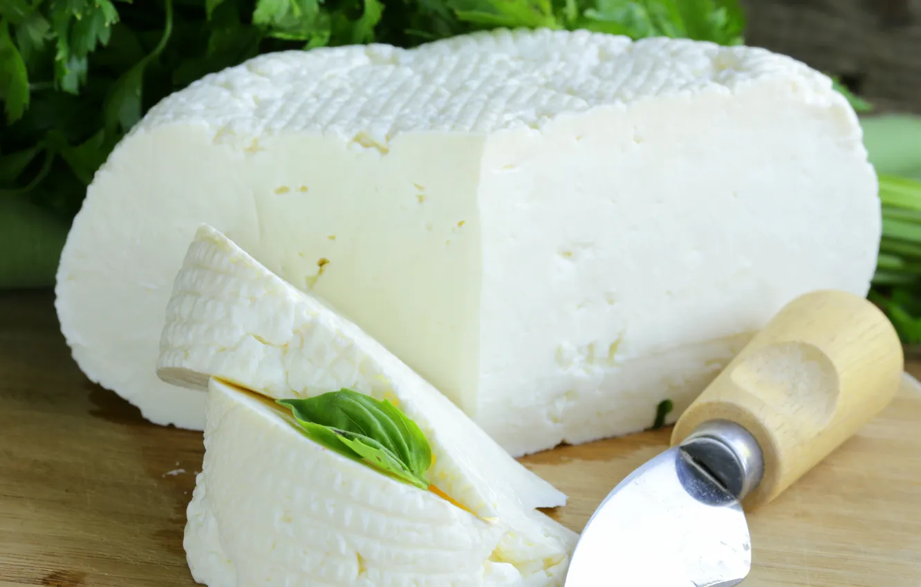 Photo wallpaper greens, cheese, knife, knife, cheese, greens, dairy product, Dairy products