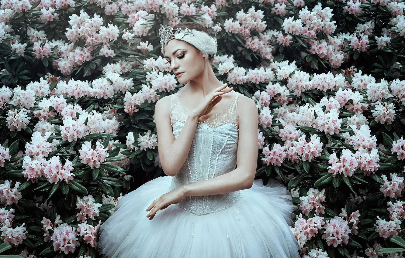 Photo wallpaper leaves, girl, decoration, flowers, branches, pose, style, woman