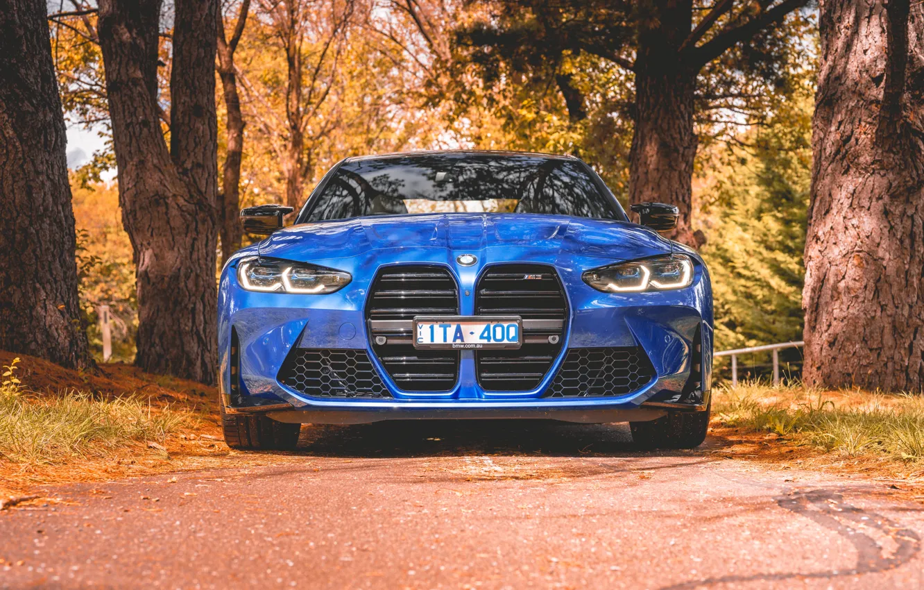 Photo wallpaper BMW, Blue, Front, BMW M3, Road, Face, Forest, Sight