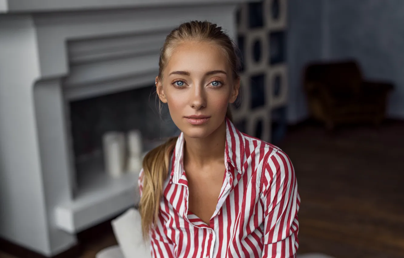 Photo wallpaper look, girl, strips, face, smile, model, portrait, interior