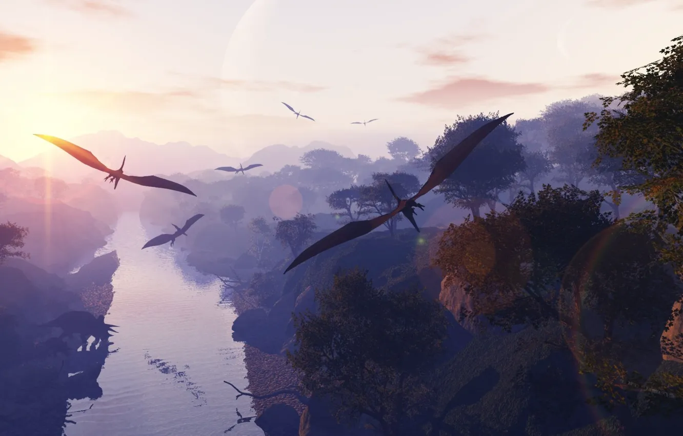 Photo wallpaper the sky, trees, flight, river, wings, pterodactyls, Dinosaurs