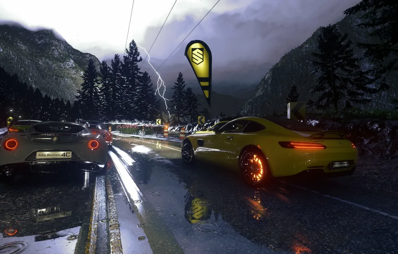 Photo wallpaper rain, race, the game, Mercedes, rain, AMG, Alfa, Romeo