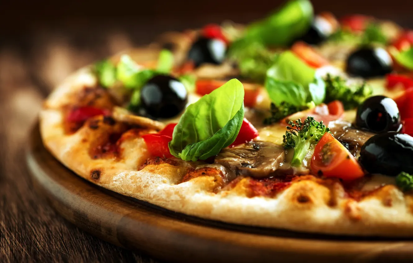 Photo wallpaper mushrooms, food, pizza, olives, broccoli
