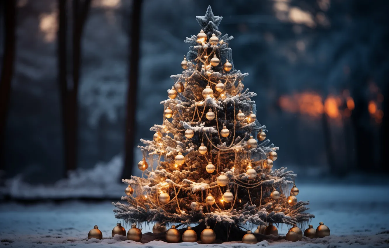 Photo wallpaper winter, snow, night, tree, Christmas, New year, Christmas, night