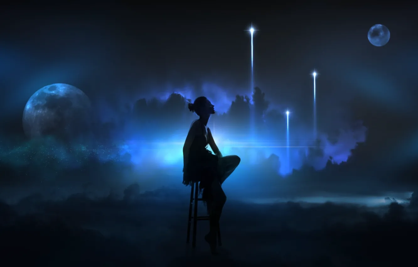 Photo wallpaper girl, space, rays, light, nebula, lights, space, lights