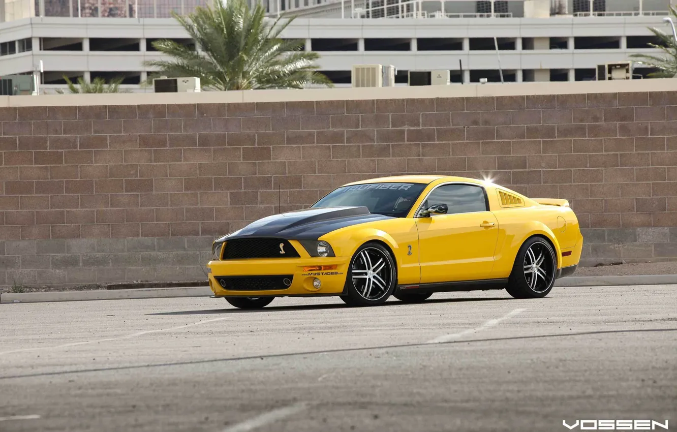 Photo wallpaper mustang, wheels, ford, yellow, vossen