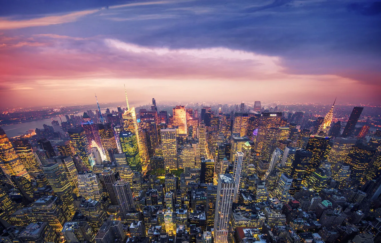 Photo wallpaper sunset, the city, lights, New York, skyscrapers, the evening, USA, New York City