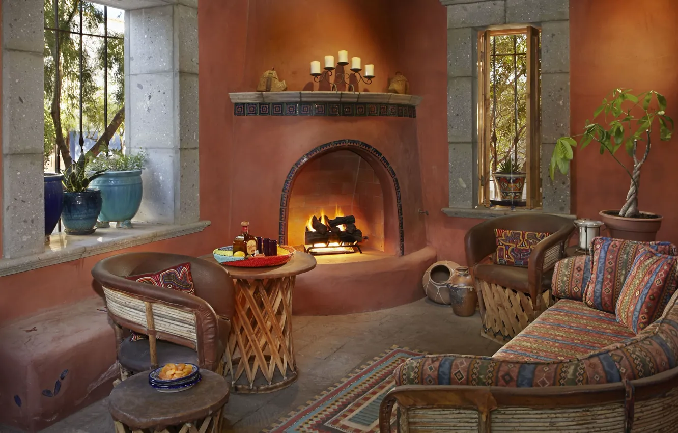 Photo wallpaper design, interior, fireplace, living room, colonial style