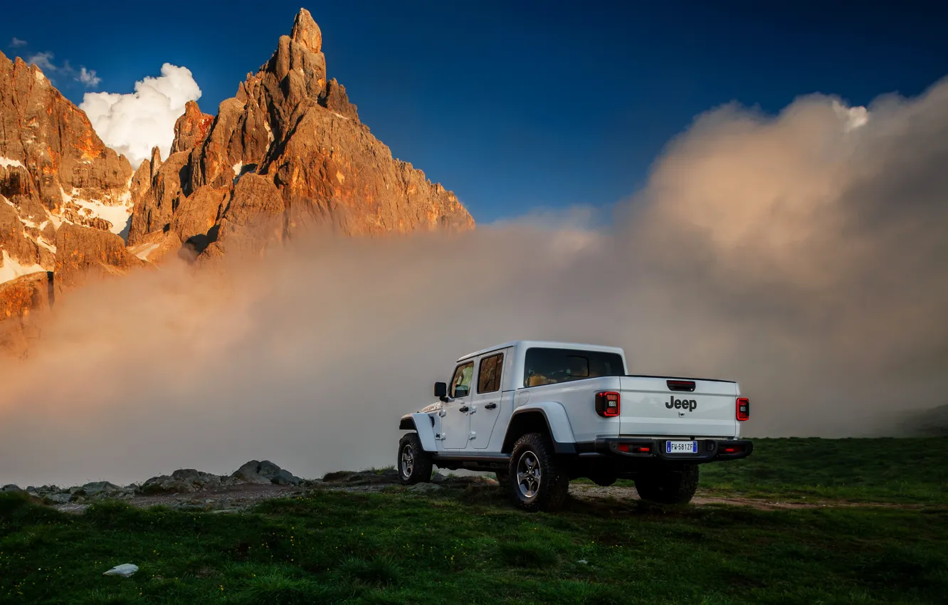 Photo wallpaper white, clouds, mountains, SUV, pickup, Gladiator, 4x4, Jeep