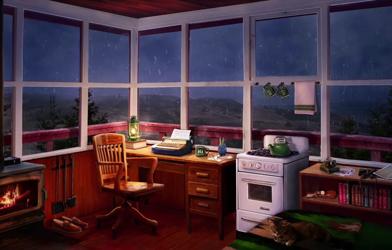 Photo wallpaper Oven, kitchen, cabin, heater, writing desk