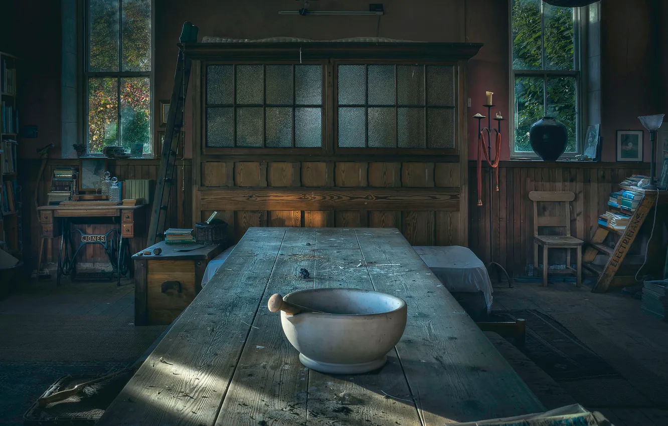 Photo wallpaper table, room, pistil, mortar