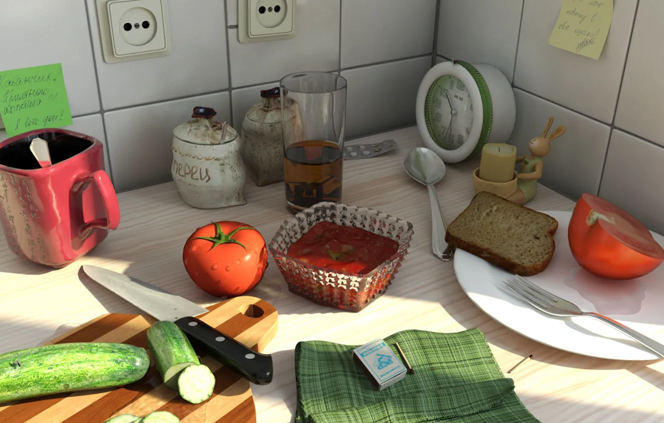 Photo wallpaper table, routine, food, kitchen, dishes, tomatoes, cucumbers, life