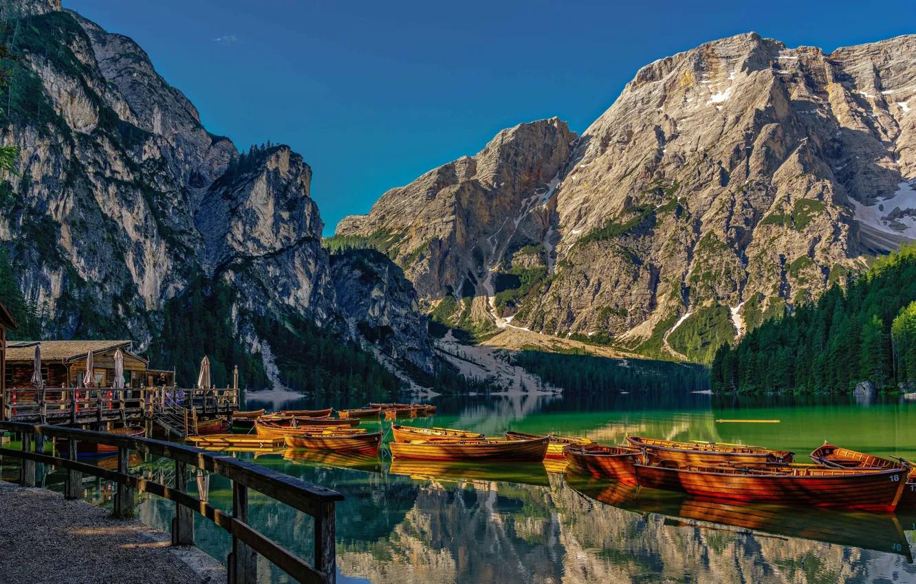 Photo wallpaper mountains, lake, boats, Italy, Italy, The Dolomites, South Tyrol, South Tyrol
