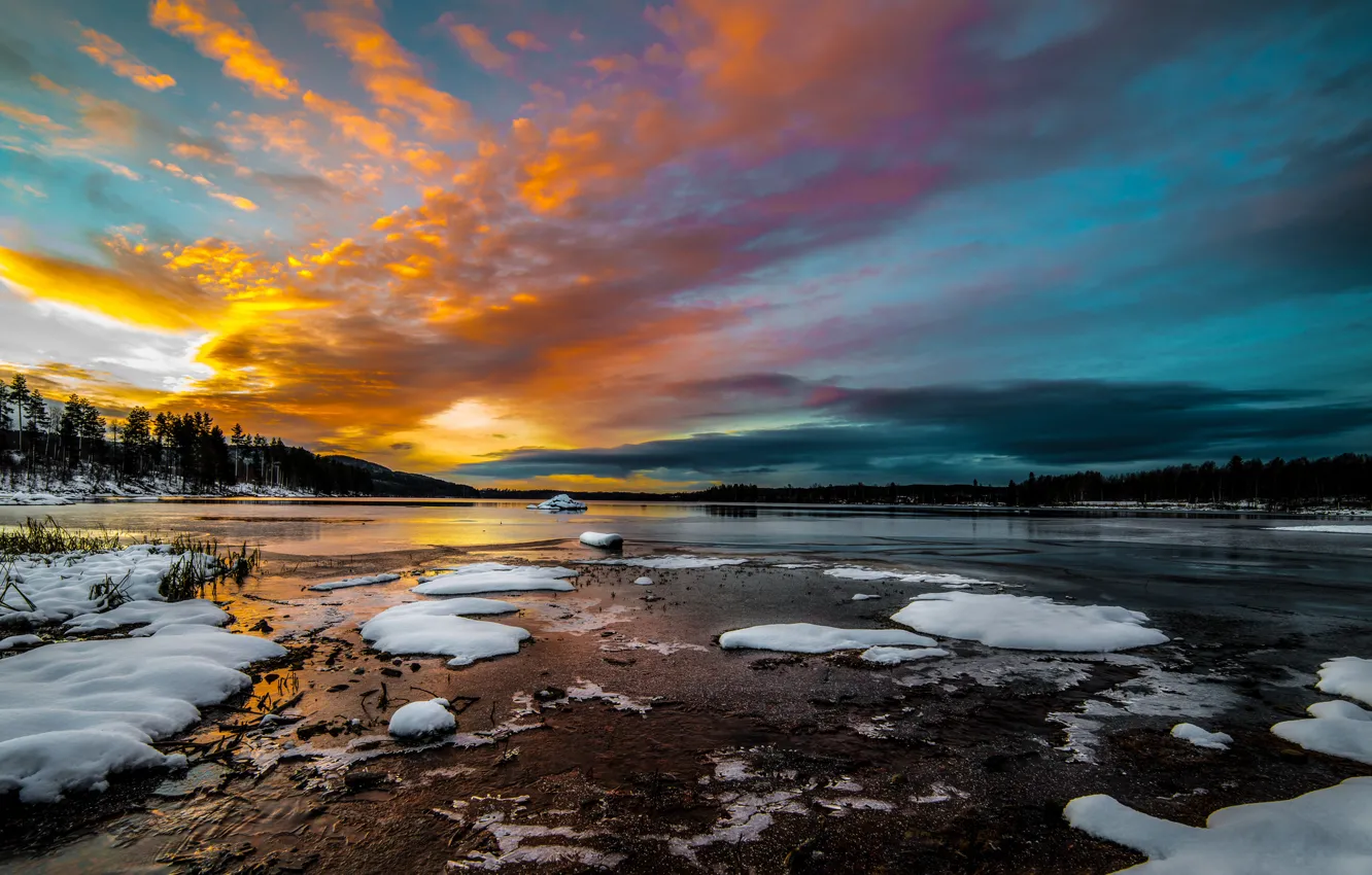 Photo wallpaper ice, winter, forest, snow, lake, sunrise, morning