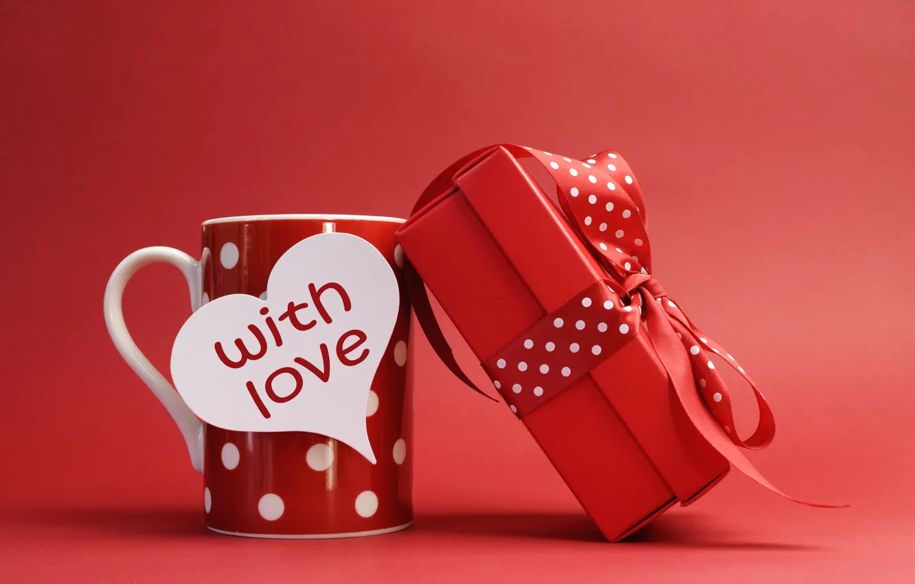 Photo wallpaper holiday, gift, tape, note, bow, Valentine's day, red mug
