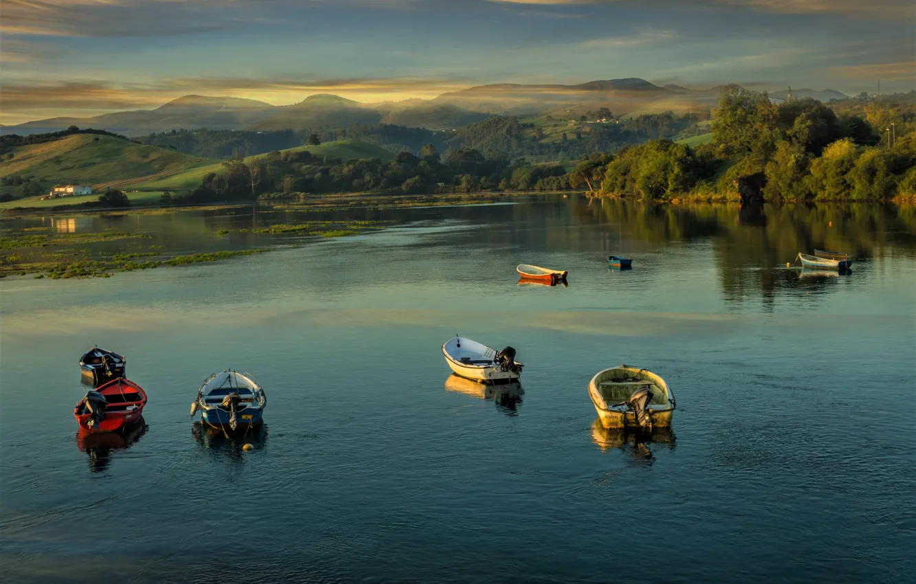 Photo wallpaper landscape, nature, lake, hills, boats, morning