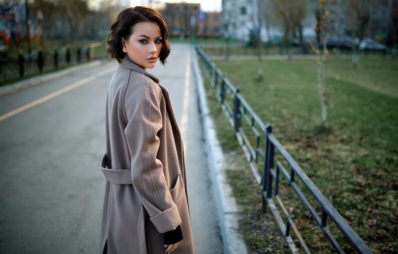 Photo wallpaper look, girl, pose, brunette, coat, Sergey Bogatkov