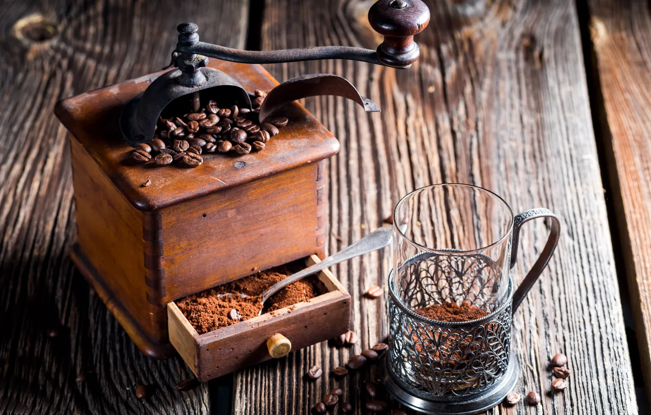 Photo wallpaper glass, Board, coffee, grain, coffee grinder