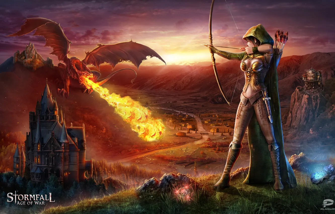 Photo wallpaper fire, flame, game, weapon, dragon, castle, elf, bow