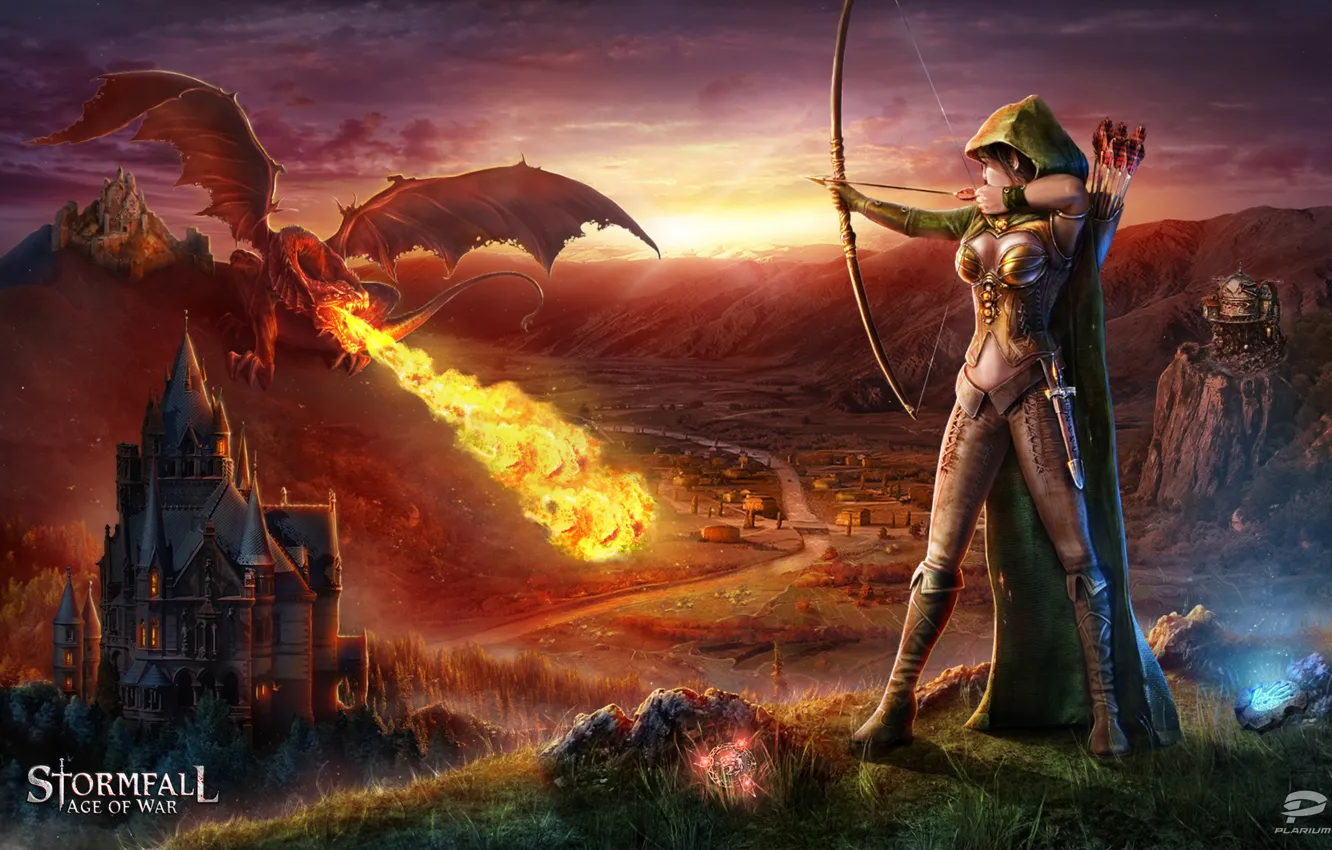 Photo wallpaper fire, Storm case, oppai, elf, hood, warrior, castle, bow