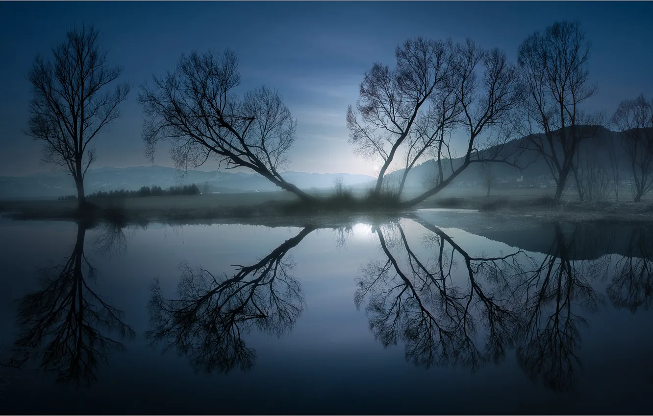 Photo wallpaper autumn, trees, mountains, fog, reflection, haze, twilight, pond