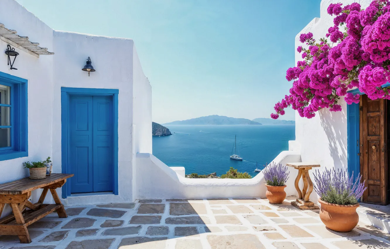 Photo wallpaper sea, the sun, home, summer, house, sunshine, vacation, flowering