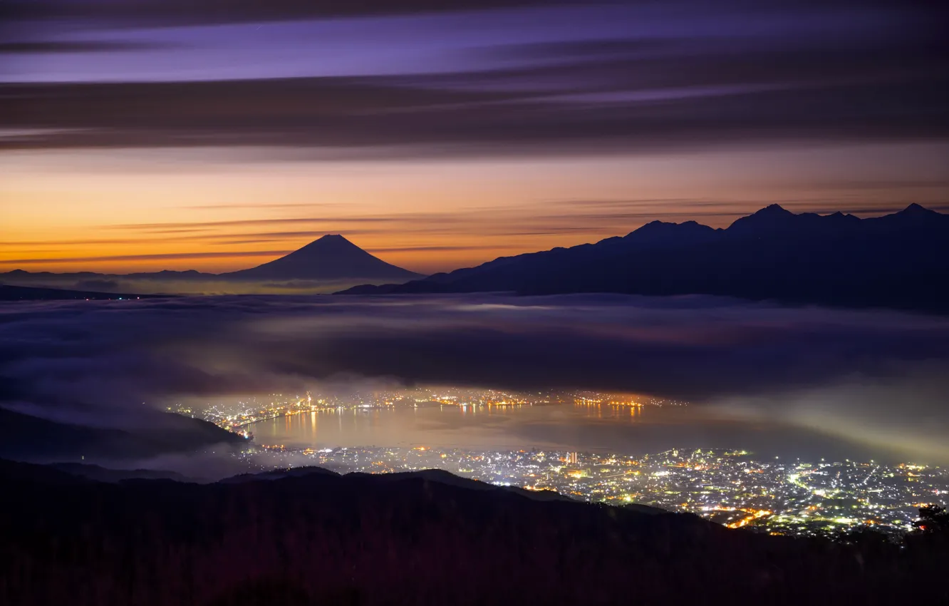 Photo wallpaper light, mountains, night, the city, lights, fog, the evening, Japan