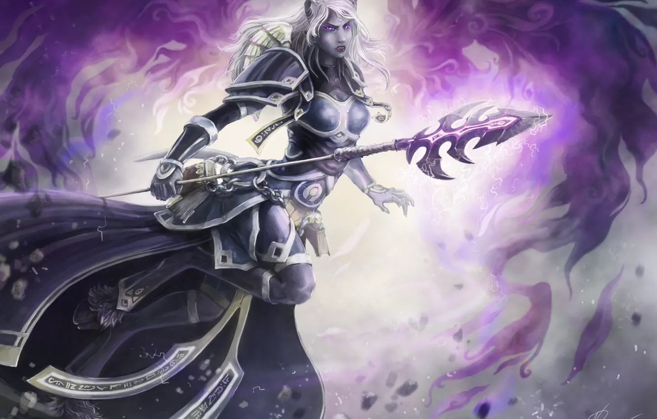 Photo wallpaper girl, wings, art, horns, spear, demoness, hooves