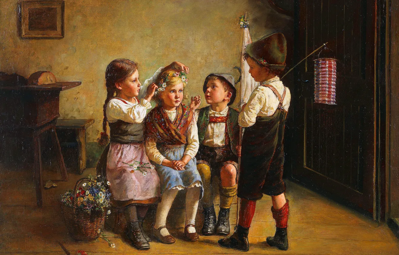 Photo wallpaper flowers, children, basket, picture, four, wreath, Austrian painter, The Wreath Of Flowers