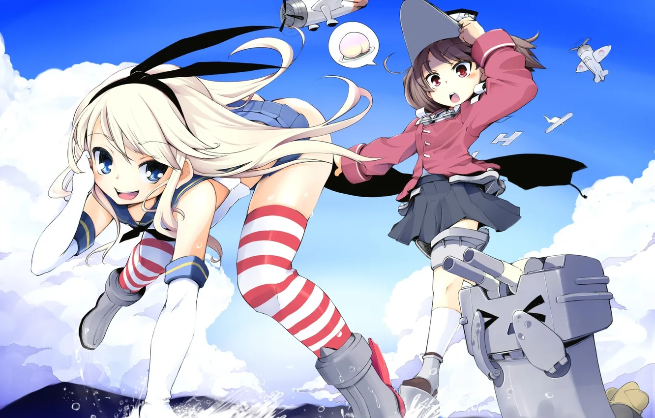 Photo wallpaper sea, girl, joy, pose, robot, art, embarrassment, kantai collection