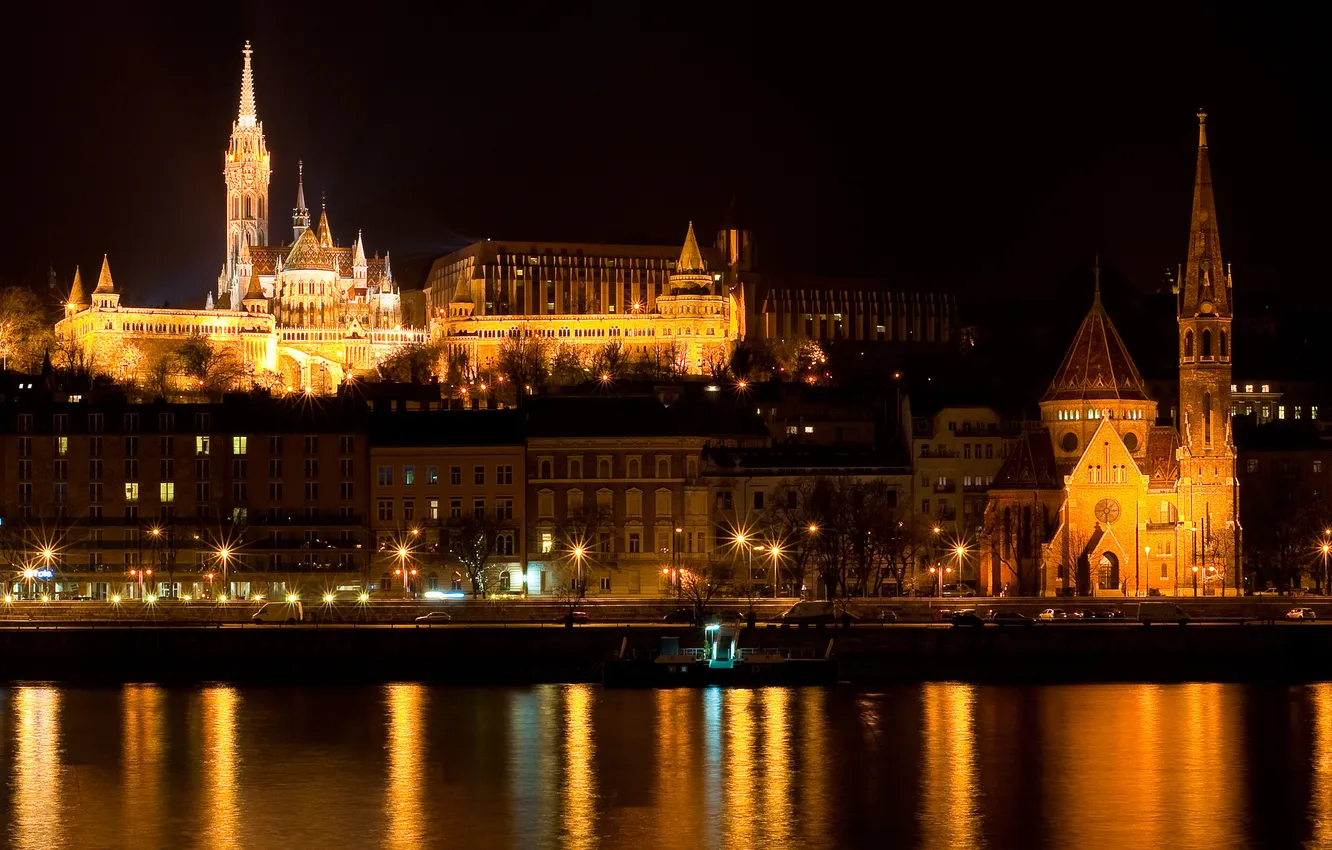 Photo wallpaper night, lights, river, home, Church, Hungary, Budapest, The Danube