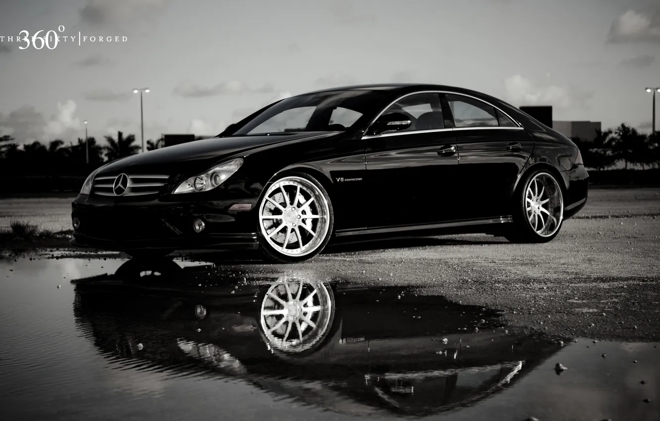 Photo wallpaper reflection, black, puddle, Mercedes, black, Mercedes, 360 three sixty forged