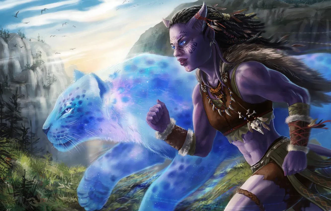 Photo wallpaper girl, mountains, animal, runs