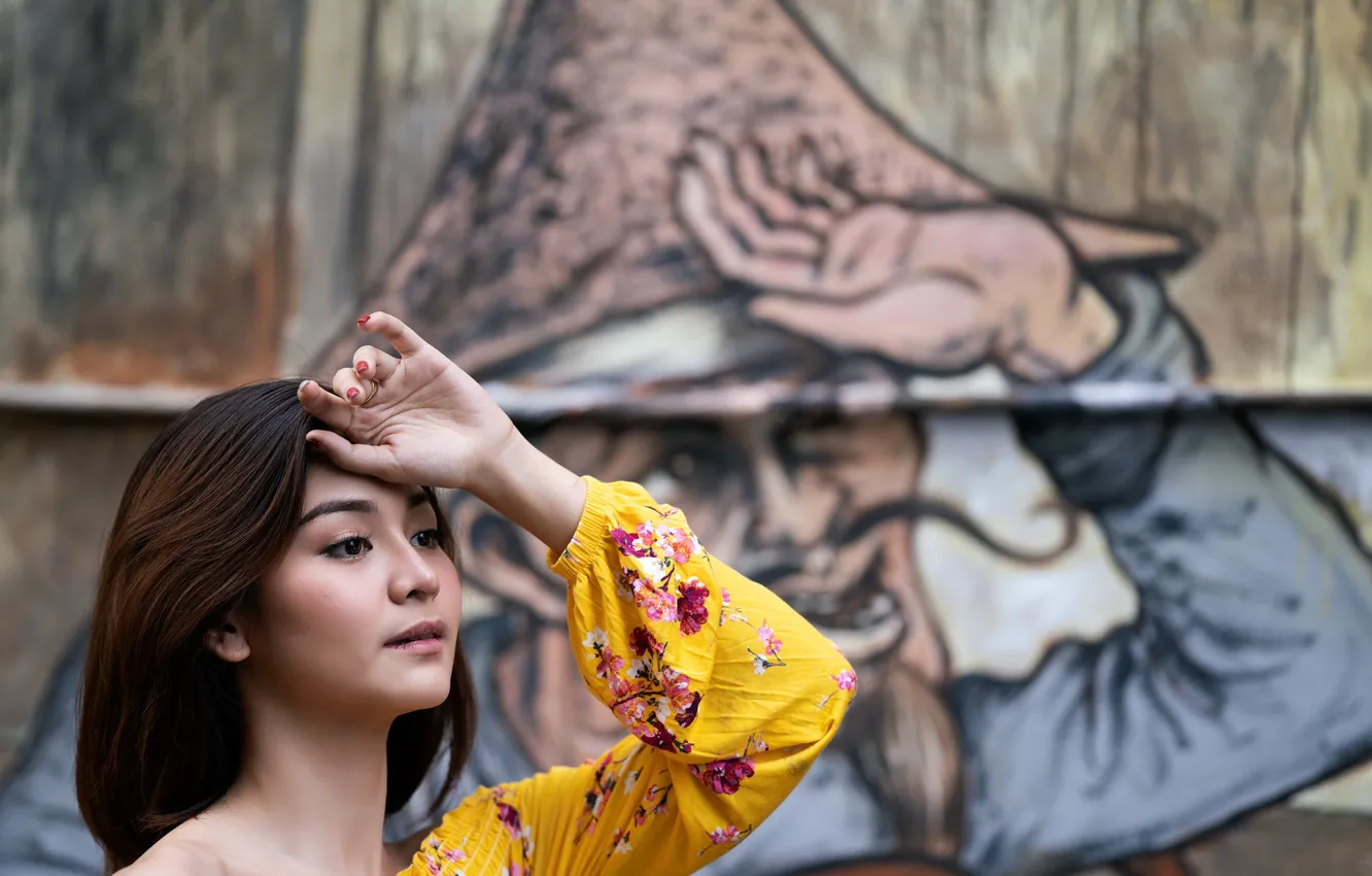 Photo wallpaper girl, pose, graffiti, hands, brunette, Asian
