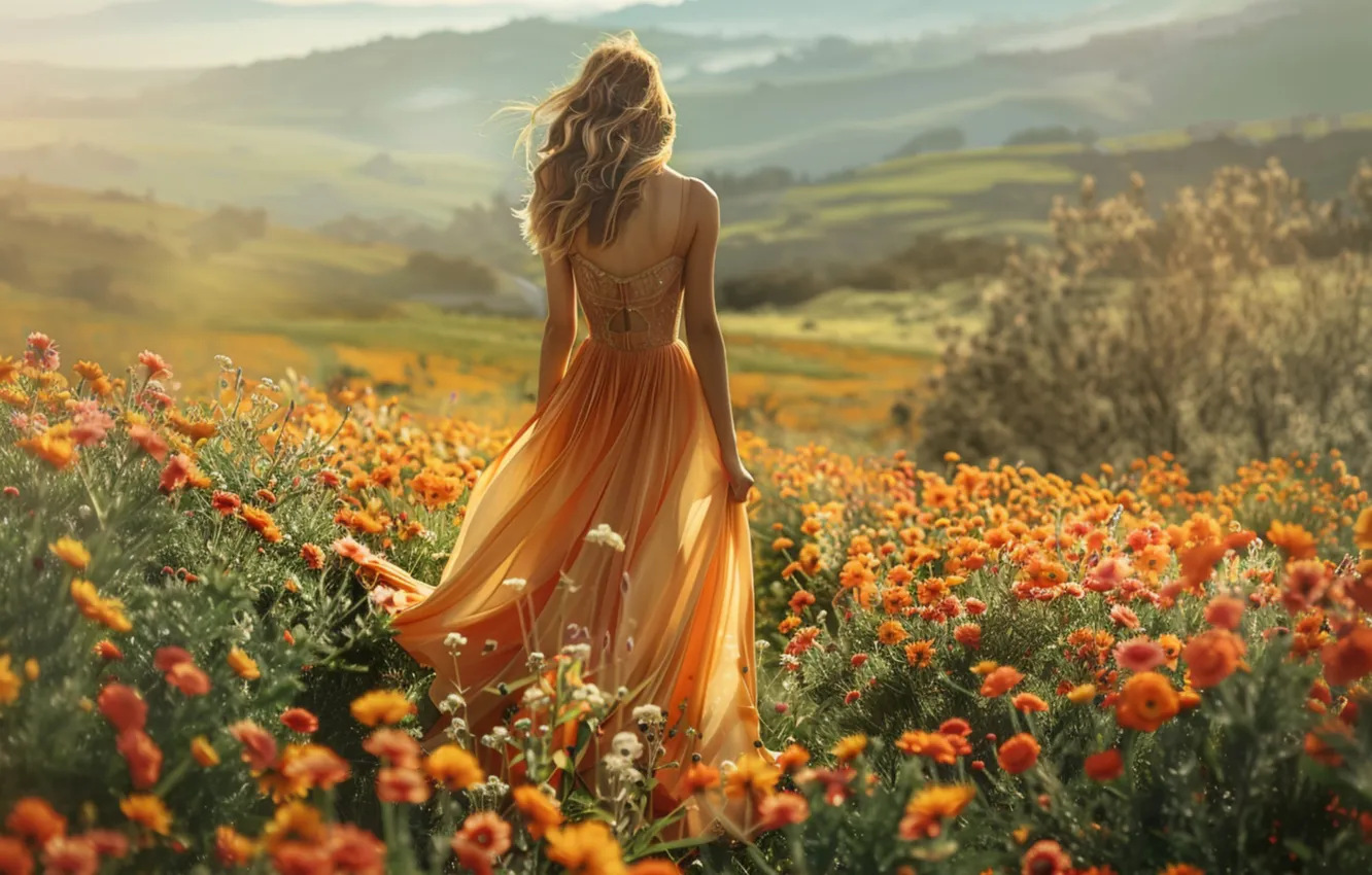 Photo wallpaper girl, flowers, nature, spring, long dress