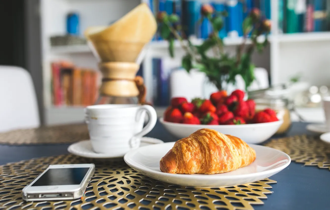 Photo wallpaper coffee, food, Breakfast, strawberry, croissant, good morning