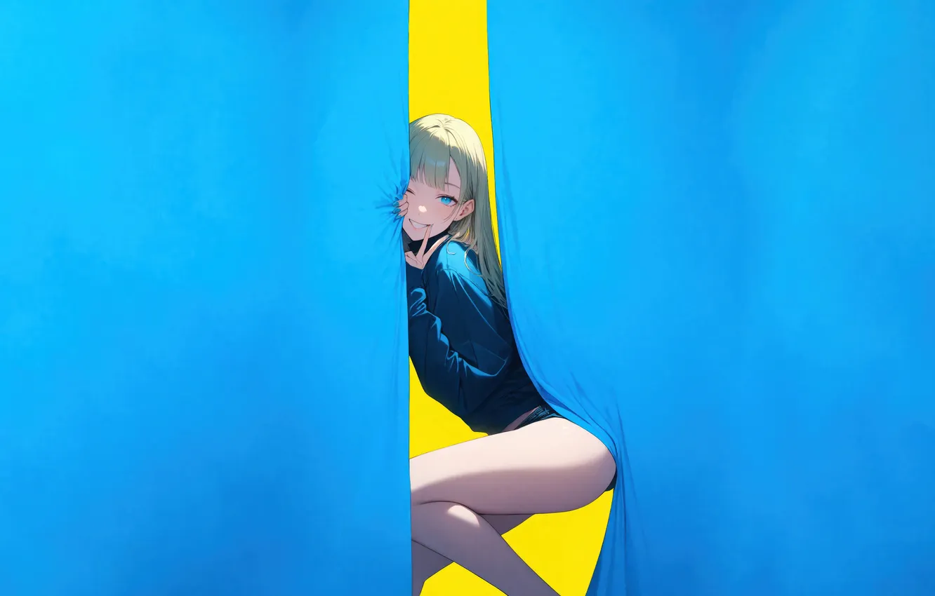 Photo wallpaper girl, legs, blue eyes, blonde, digital art, artwork, Minimalism, curtains