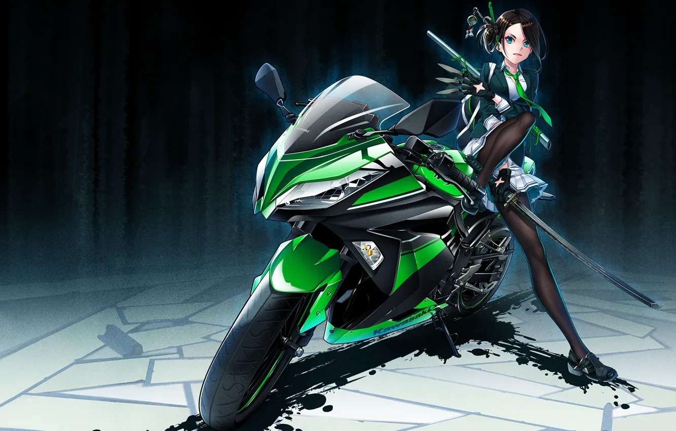 Photo wallpaper girl, sword, anime, art, motorcycle, hamada youho