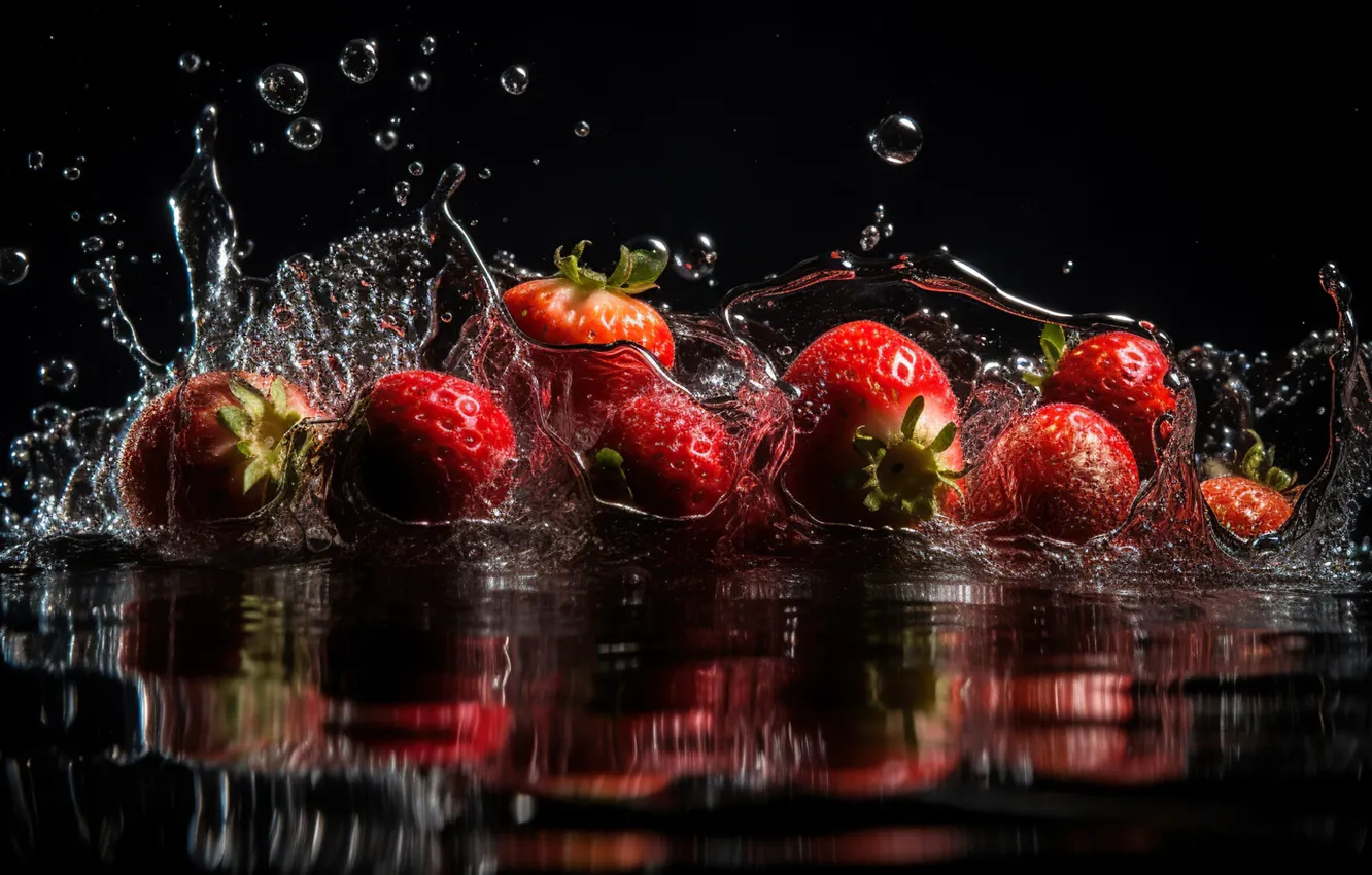 Photo wallpaper water, squirt, reflection, berries, splash, strawberry, black background, digital art