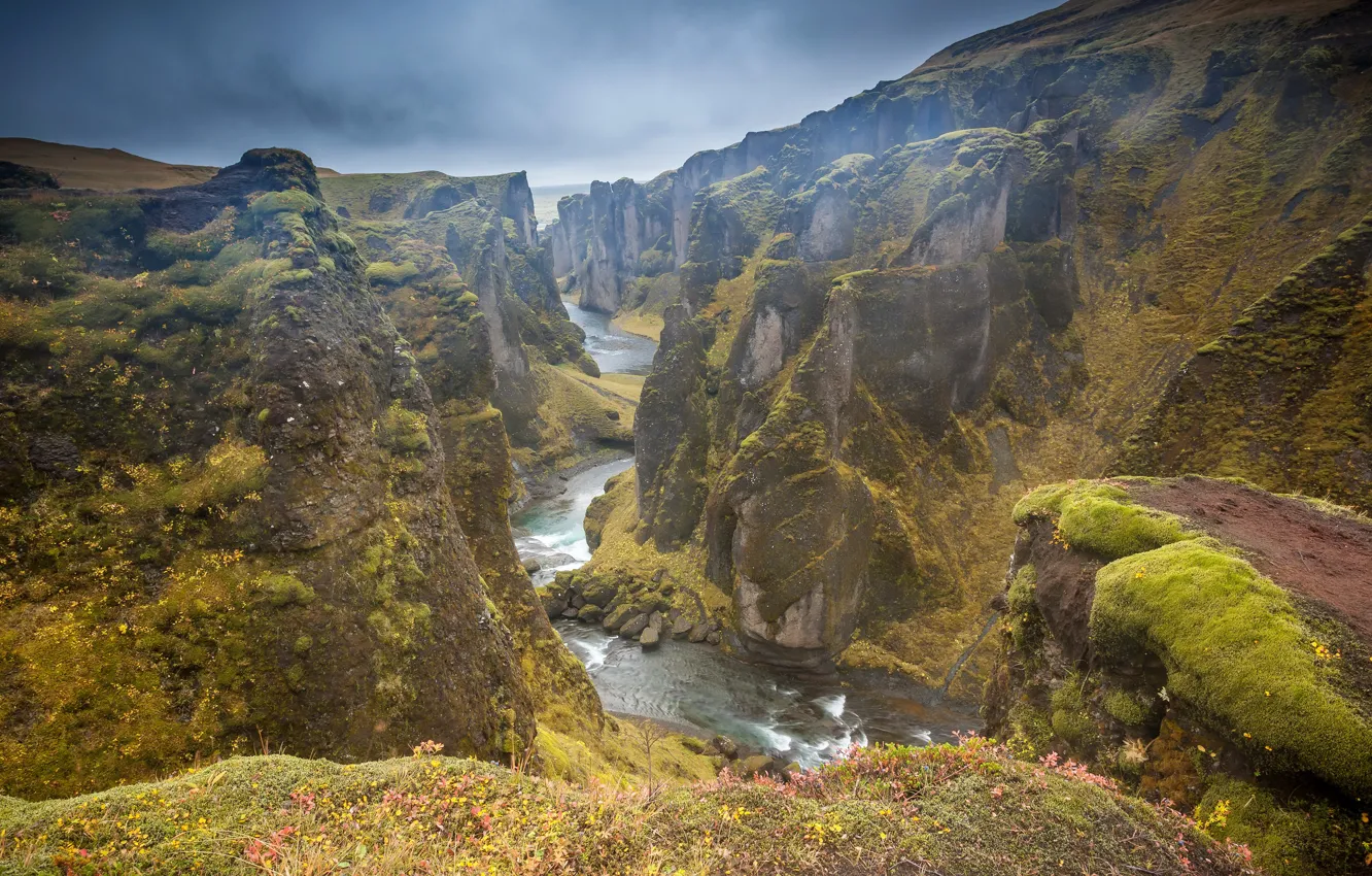 Photo wallpaper clouds, river, stones, rocks, moss, canyon, Iceland, Vestur-Skaftafellssysla