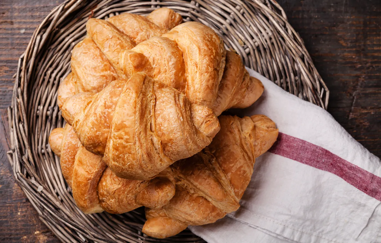 Photo wallpaper close-up, basket, napkin, bokeh, croissant