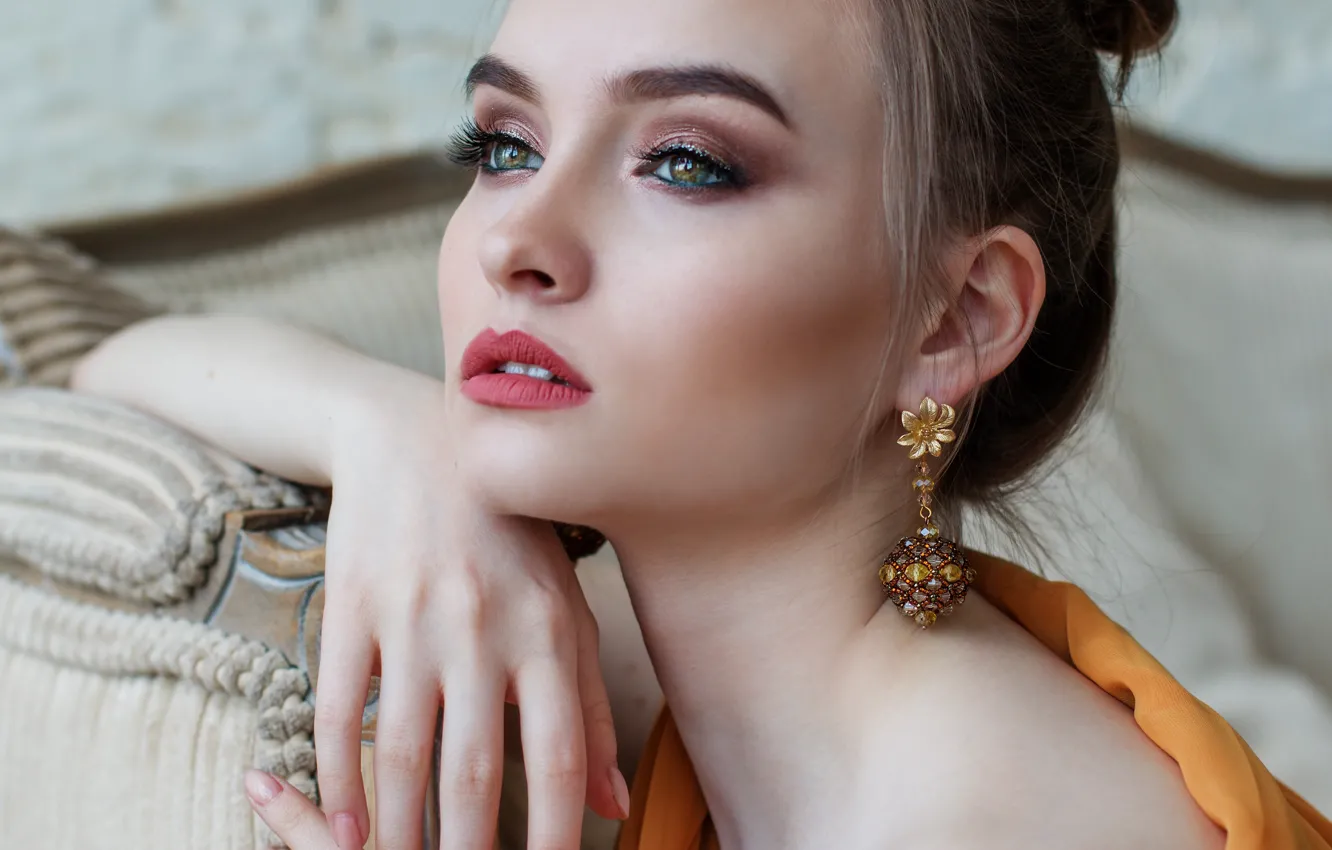Photo wallpaper girl, face, portrait, earrings, makeup, hairstyle, brown hair, beautiful