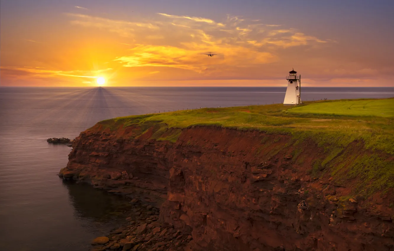 Photo wallpaper sea, the sky, the sun, clouds, rays, light, sunset, rocks
