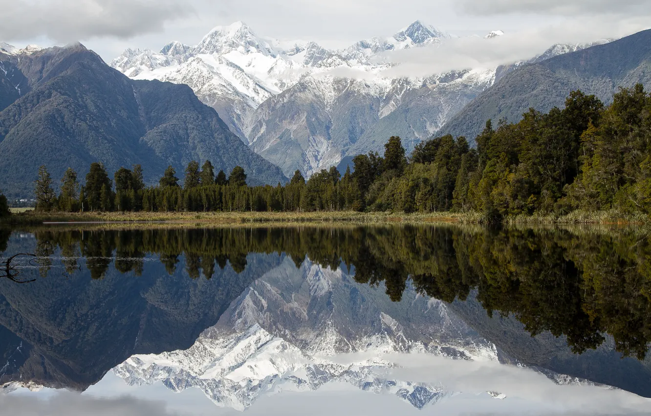 Photo wallpaper mountains, lake, reflection, New Zealand, New Zealand, Mirror - Lake Matheson