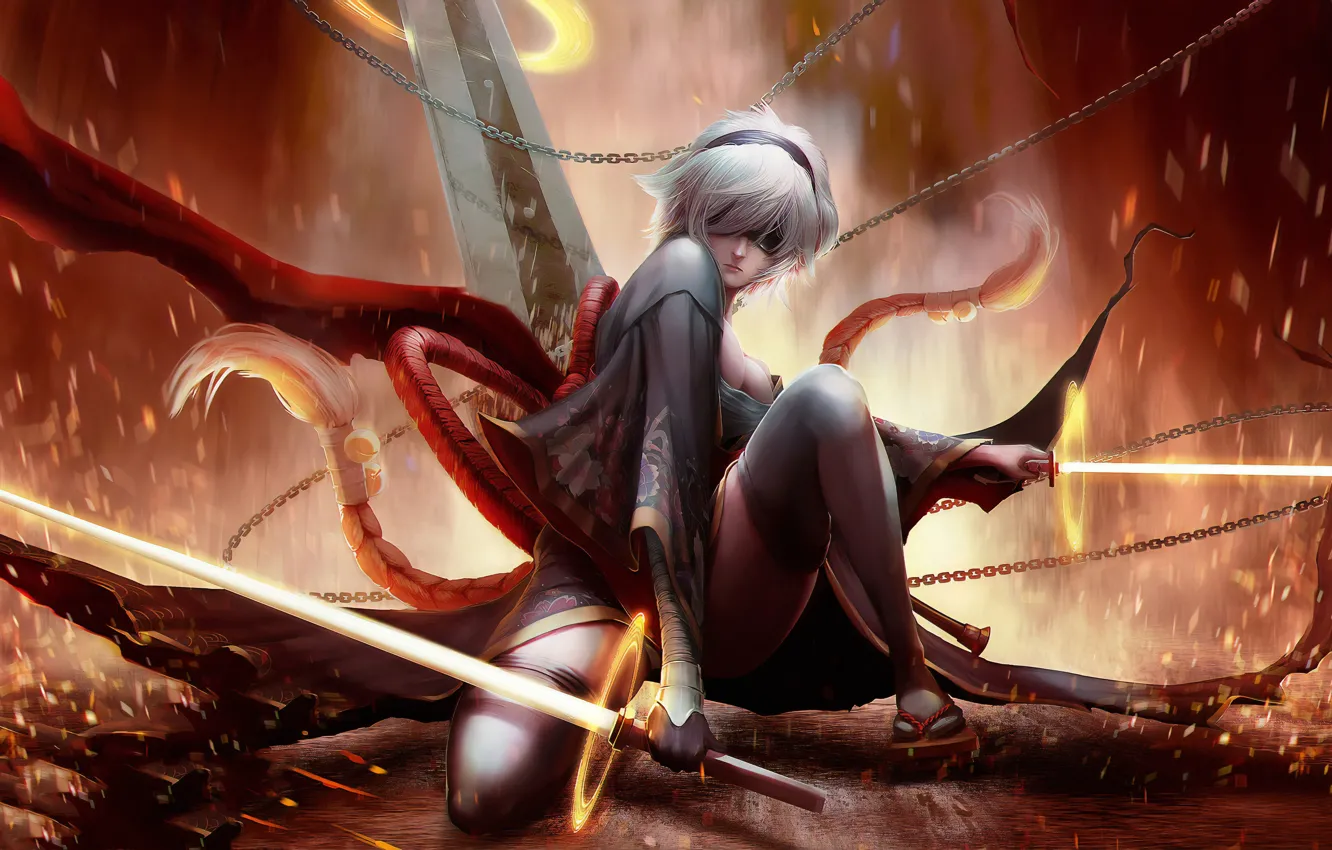 Photo wallpaper fire, sword, sparks, fire, sword, chain, Android, android